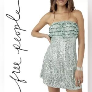 FREE PEOPLE Frida Sequined Mini Dress Mint Strapless Ruffle Party Size 10